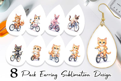 Earring Watercolor Big Eye Cat Cyclist Art Sublimation artnoy 