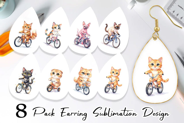Earring Watercolor Big Eye Cat Cyclist Art Sublimation artnoy 