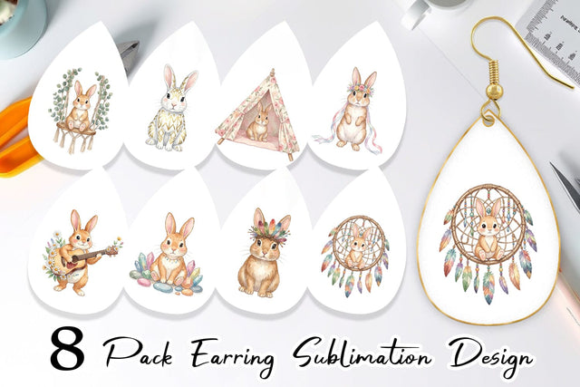 Earring Watercolor Boho Chic Easter Bunny Sublimation artnoy 