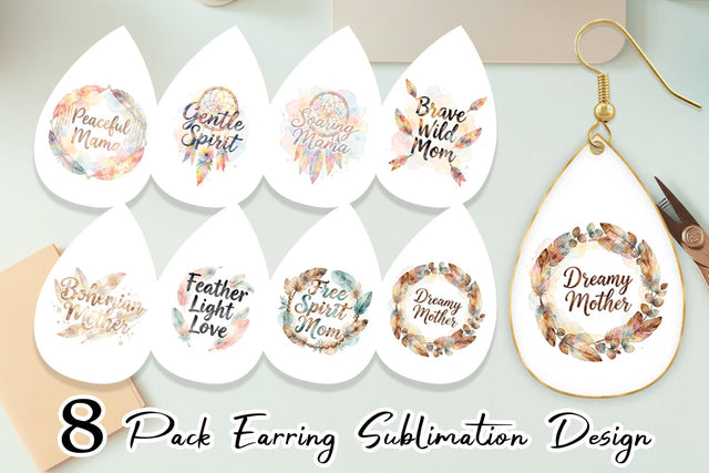 Earring Watercolor Boho Dreamcatcher Mama Quotes Sublimation artnoy 