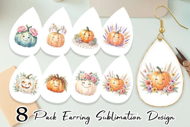 Earring Watercolor Boho Floral Smiling Pumpkin Sublimation artnoy 