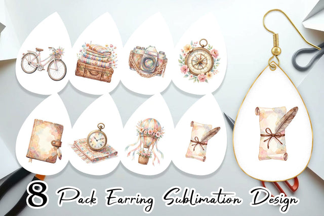Earring Watercolor Boho Vintage Travel Ephemera Sublimation artnoy 