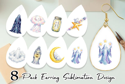 Earring Watercolor Celestial Dreaming Moon Ghost Sublimation artnoy 