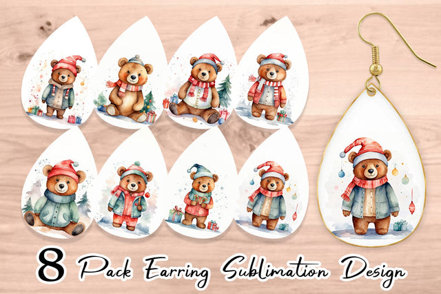 Earring Watercolor Christmas Bear Sublimation artnoy 