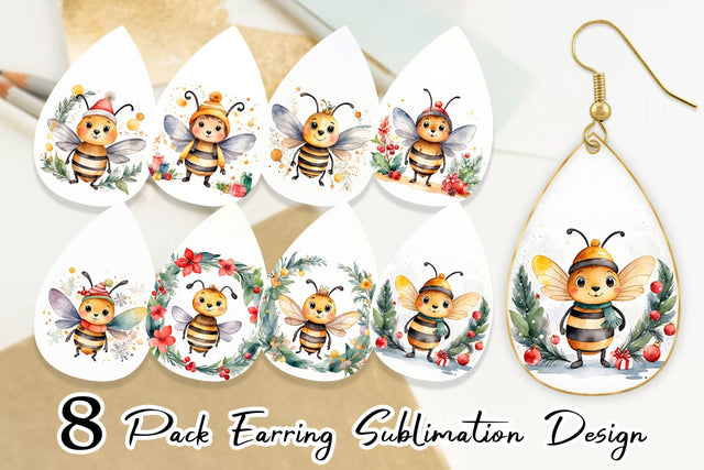 Earring Watercolor Christmas Bee Sublimation artnoy 