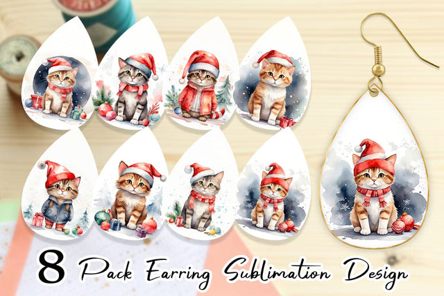 Earring Watercolor Christmas Cat Sublimation artnoy 