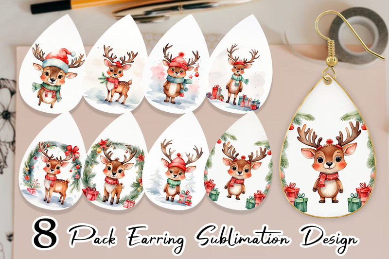 Earring Watercolor Christmas Deer Sublimation artnoy 