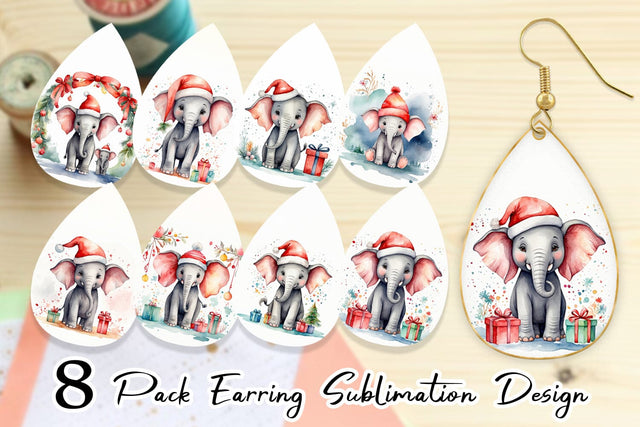 Earring Watercolor Christmas Elephant Sublimation artnoy 