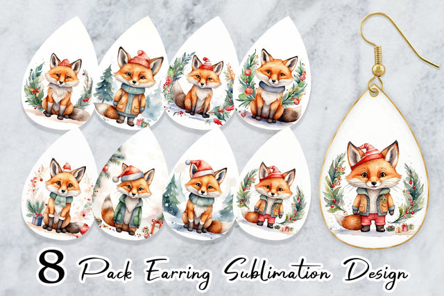 Earring Watercolor Christmas Fox Sublimation artnoy 
