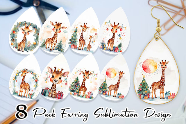 Earring Watercolor Christmas Giraffe Sublimation artnoy 
