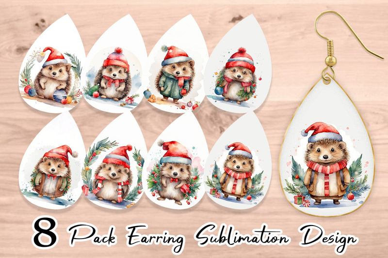 Earring Watercolor Christmas Hedgehog Sublimation artnoy 