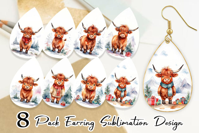 Earring Watercolor Christmas Highland Cow Sublimation artnoy 