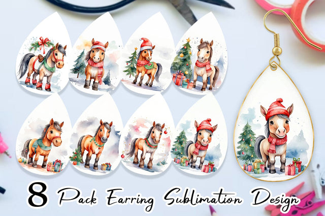 Earring Watercolor Christmas Horse Sublimation artnoy 