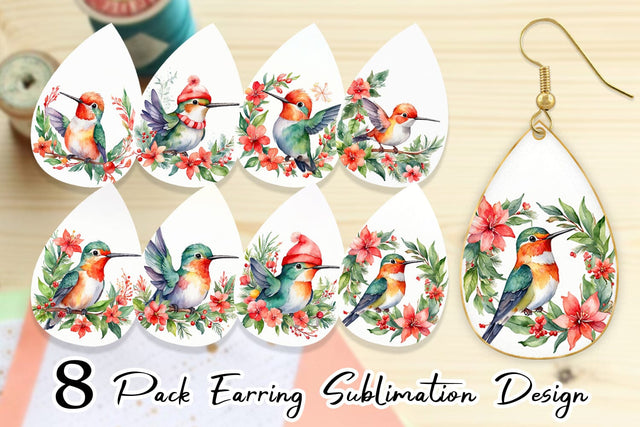 Earring Watercolor Christmas Hummingbird Sublimation artnoy 