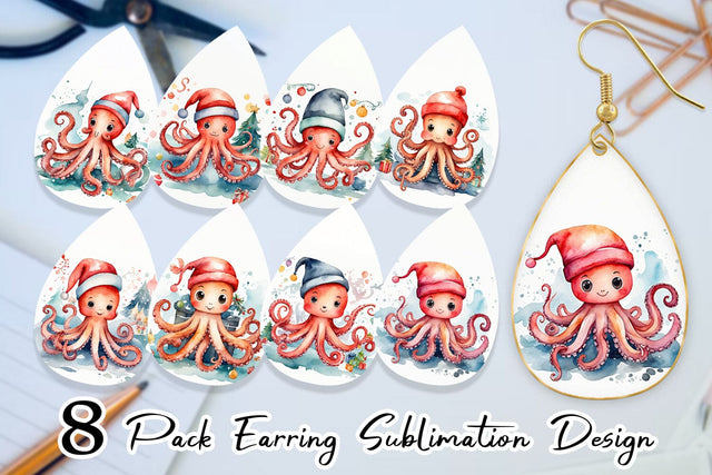 Earring Watercolor Christmas Octopus Sublimation artnoy 