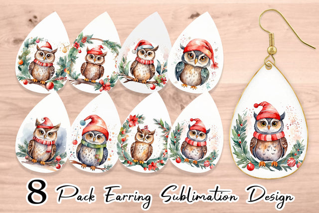 Earring Watercolor Christmas Owl Sublimation artnoy 