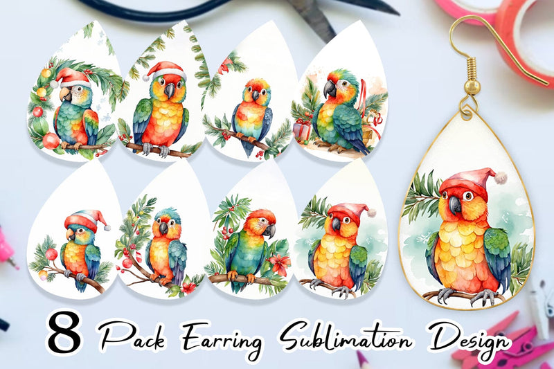Earring Watercolor Christmas Parrot Sublimation artnoy 