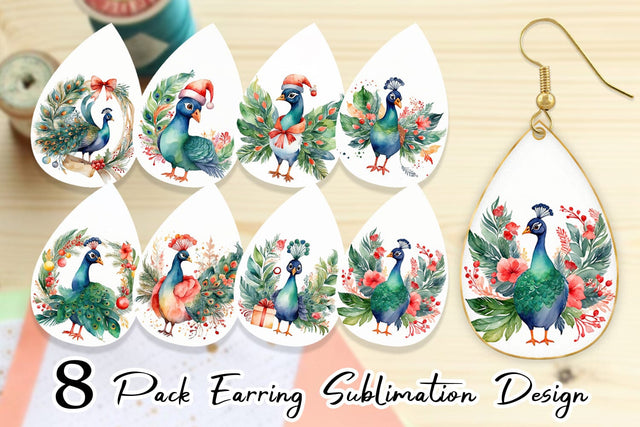 Earring Watercolor Christmas Peacock Sublimation artnoy 