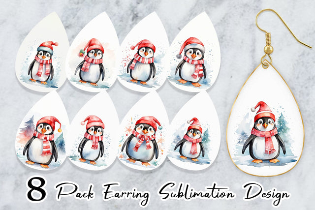 Earring Watercolor Christmas Penguin Sublimation artnoy 
