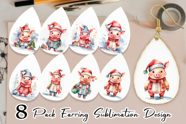 Earring Watercolor Christmas Pig Sublimation artnoy 