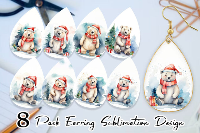 Earring Watercolor Christmas Polar Bear Sublimation artnoy 