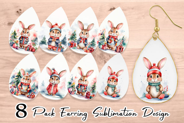 Earring Watercolor Christmas Rabbit Sublimation artnoy 