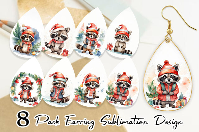 Earring Watercolor Christmas Raccoon Sublimation artnoy 