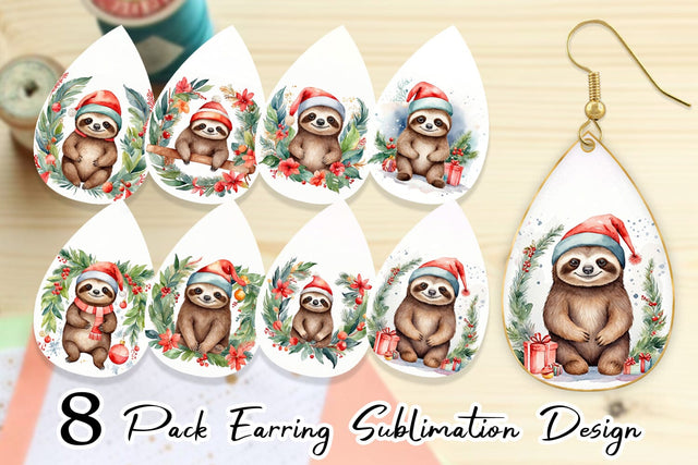 Earring Watercolor Christmas sloth Sublimation artnoy 