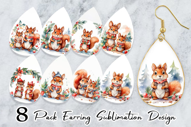 Earring Watercolor Christmas Squirrel Sublimation artnoy 