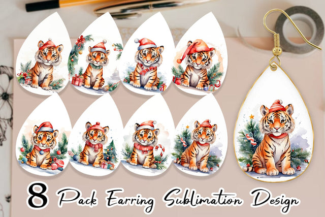 Earring Watercolor Christmas Tiger Sublimation artnoy 