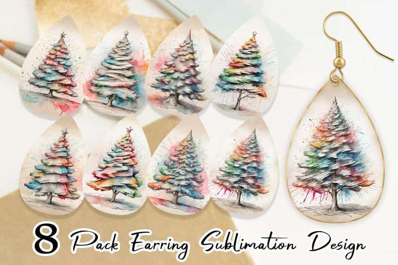 Earring Watercolor Christmas Tree Sublimation artnoy 