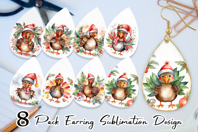 Earring Watercolor Christmas turkey Sublimation artnoy 