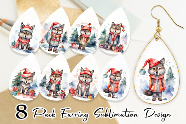 Earring Watercolor Christmas Wolf Sublimation artnoy 