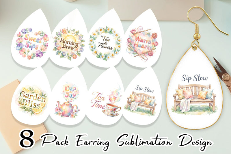 Earring Watercolor Cozy Garden Tea Quotes Sublimation artnoy 