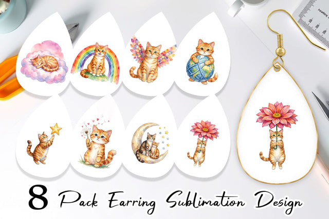 Earring Watercolor Dreamy Mother Cat Sky Art Sublimation artnoy 