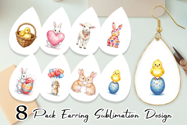 Earring Watercolor Easter Bunny Heart Love Art Sublimation artnoy 