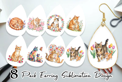 Earring Watercolor Floral Cat Motherhood Art Sublimation artnoy 