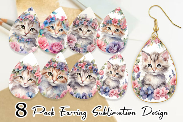 Earring Watercolor Floral Cat Sublimation artnoy 