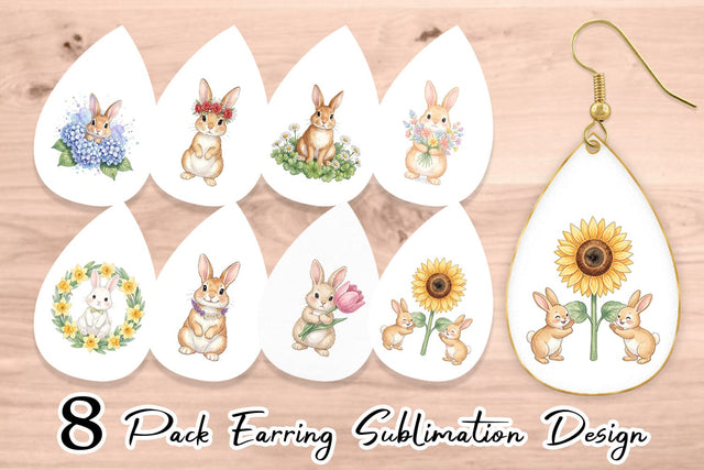Earring Watercolor Floral Spring Easter Bunny Sublimation artnoy 