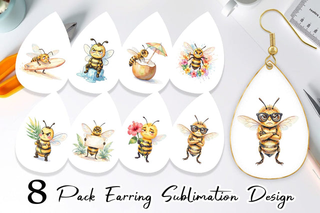 Earring Watercolor Funny Grumpy Tropical Bee Sublimation artnoy 