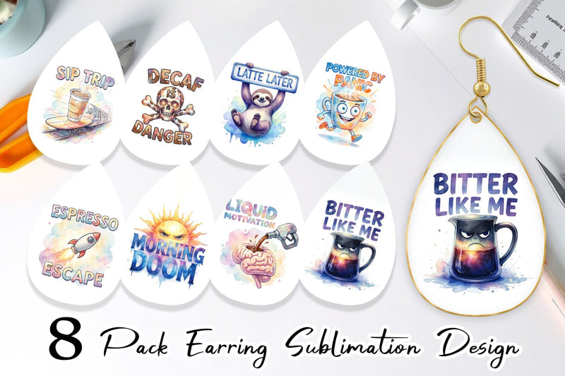 Earring Watercolor Funny Sarcastic Coffee Art Sublimation artnoy 