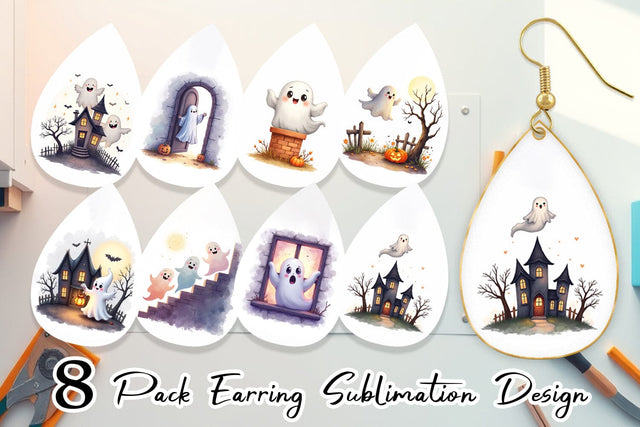 Earring Watercolor Ghost Haunted House Sublimation artnoy 