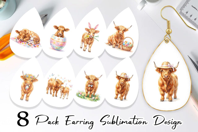 Earring Watercolor Highland Cow Easter Sublimation artnoy 