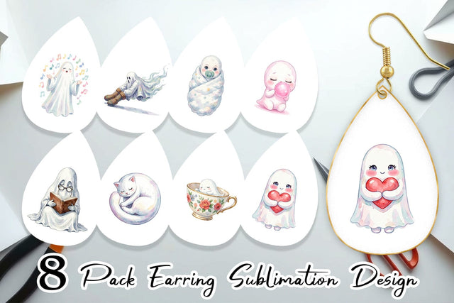 Earring Watercolor Kawaii Pastel Sleepy Ghost Sublimation artnoy 
