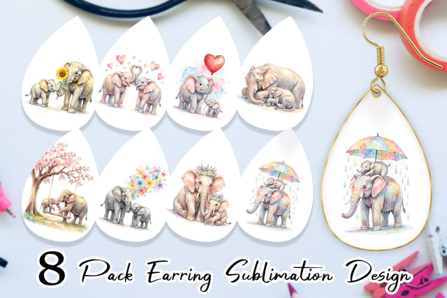 Earring Watercolor Mom And Baby Elephant Love Art Sublimation artnoy 