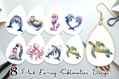 Earring Watercolor Mom and Baby Ocean Animals Sublimation artnoy 
