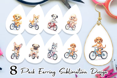 Earring Watercolor Puppy Eye Dogs on Bicycle Sublimation artnoy 