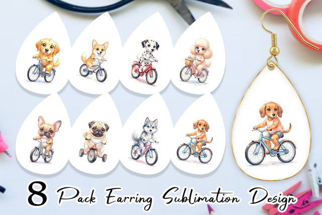 Earring Watercolor Puppy Eye Dogs on Bicycle Sublimation artnoy 