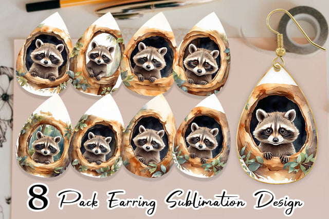 Earring Watercolor Raccoon Sublimation artnoy 