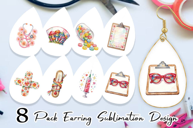 Earring Watercolor Retro Groovy Nurse Tools Sublimation artnoy 